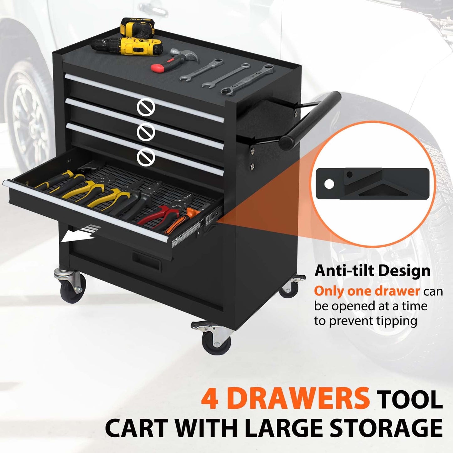 Tool Chest, 24-In Steel Rolling Tool Box & Cabinet on Wheels for Garage, 4-Drawer, Black