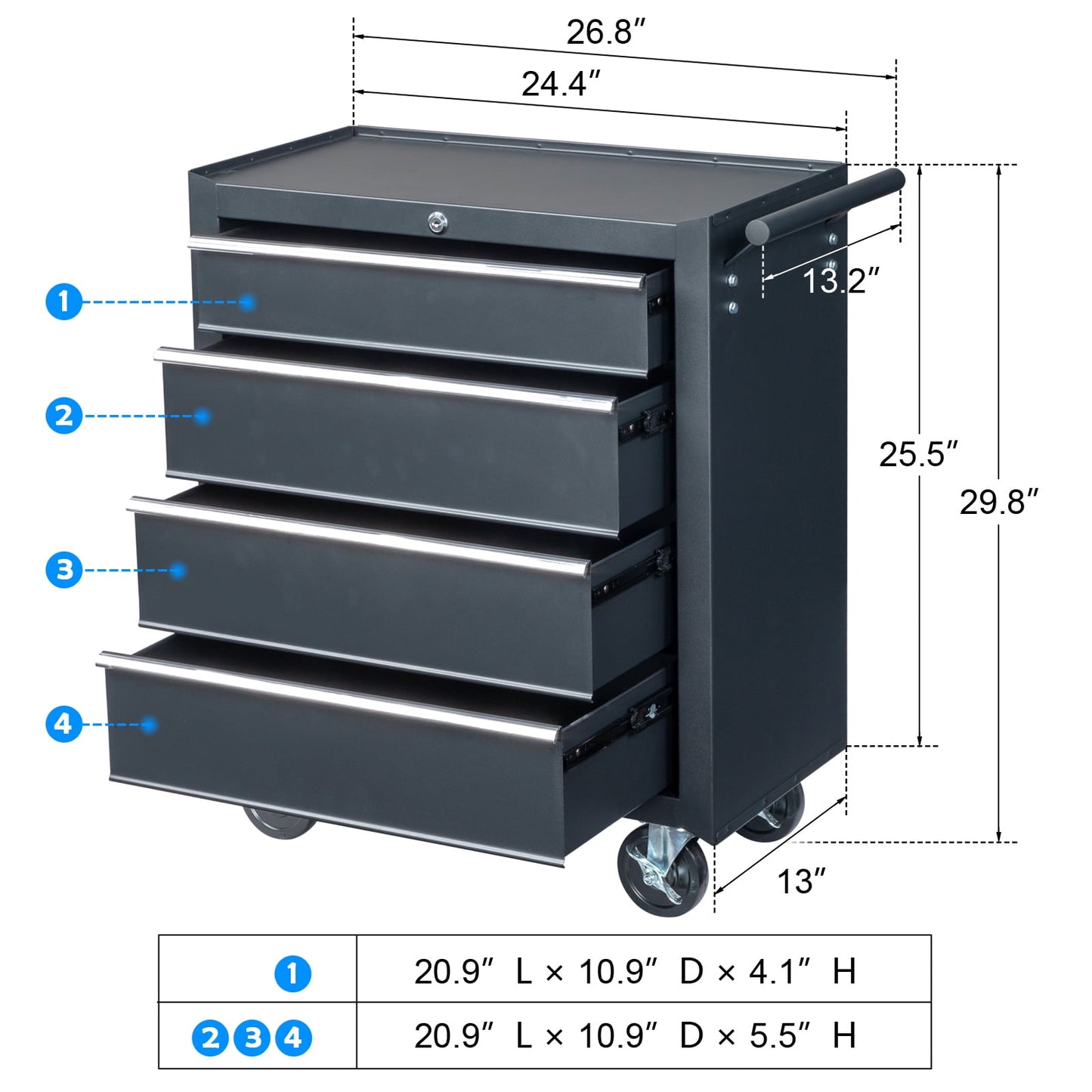 4-Drawer Tool Chest Rolling Tool Cabinet with Wheels for Auto Mechanics