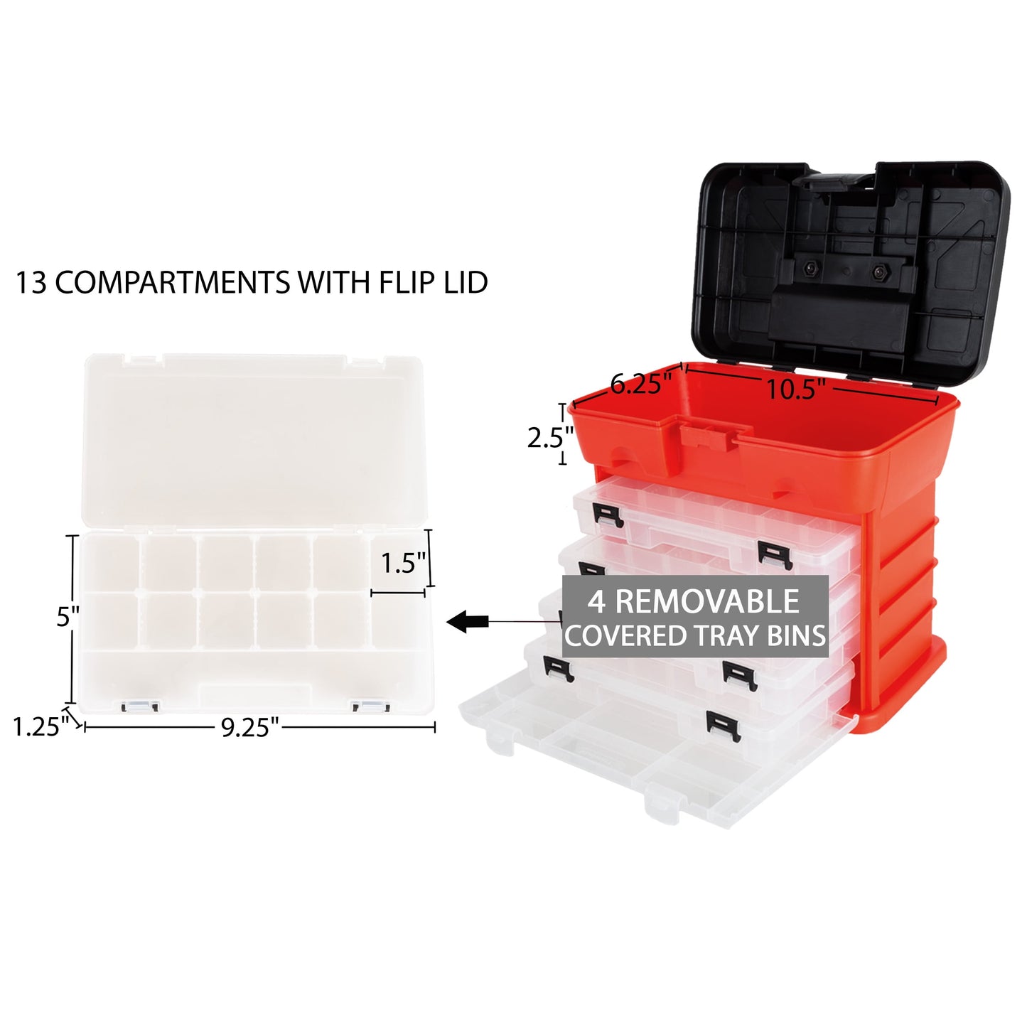 Portable Tool Storage Box - Small Parts Organizer with 4 Trays