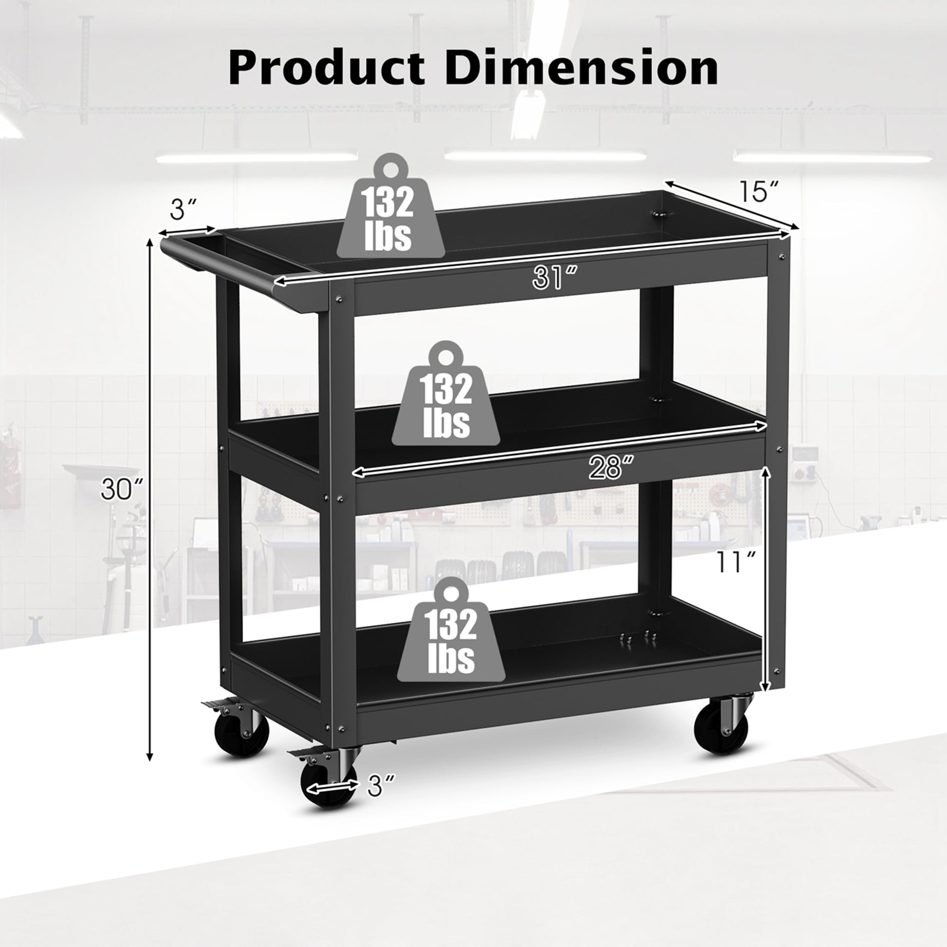 3-Tier Metal Utility Cart 400 Lbs Storage Service Trolley Tool Storage Black