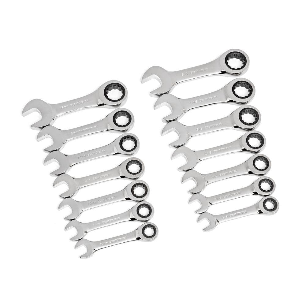 GEARWRENCH 14 Piece 72-Tooth 12 Point Stubby Ratcheting SAE/Metric Combination Wrench Set