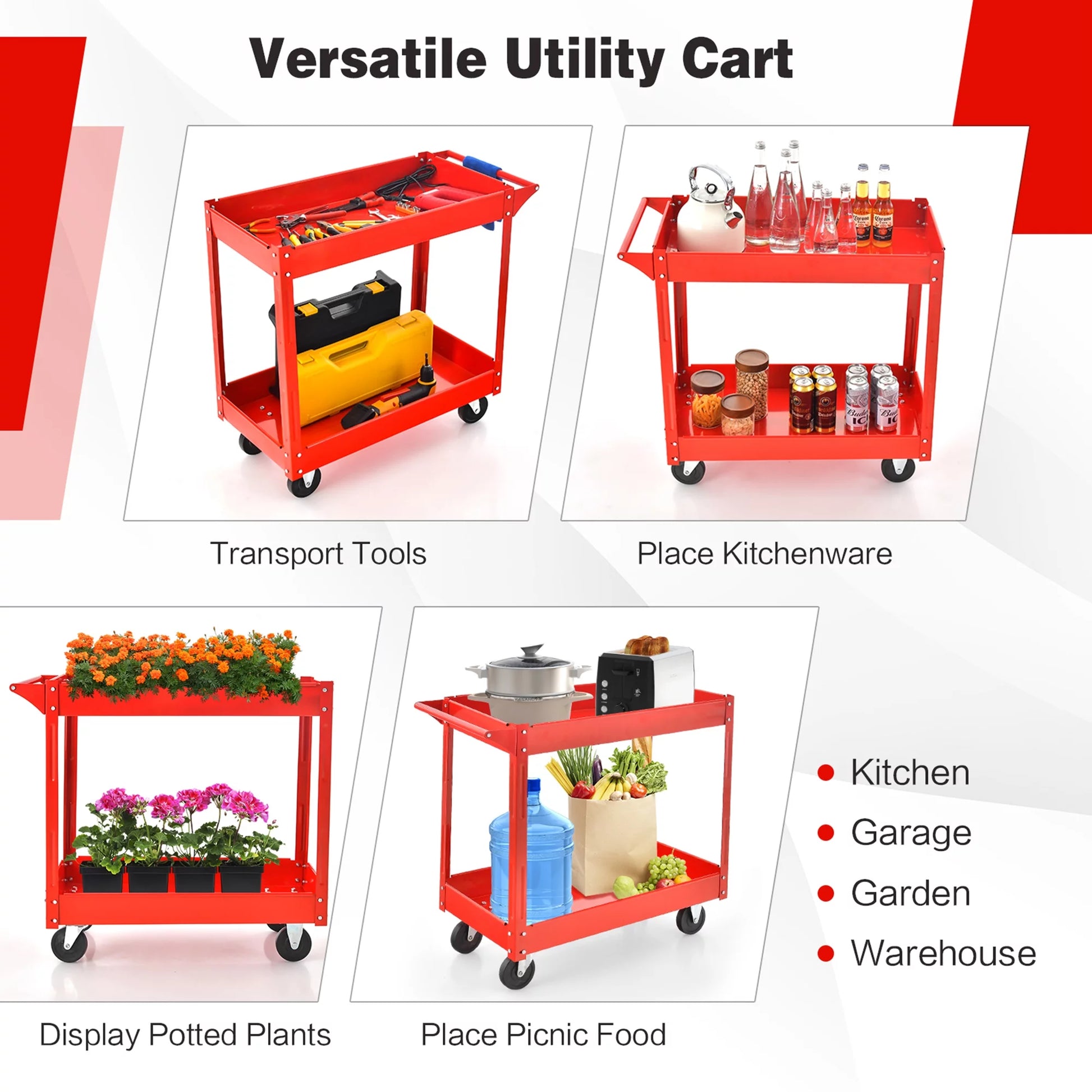 2-Tier Utility Cart Metal Service Cart Rolling Tool Storage Organizer 