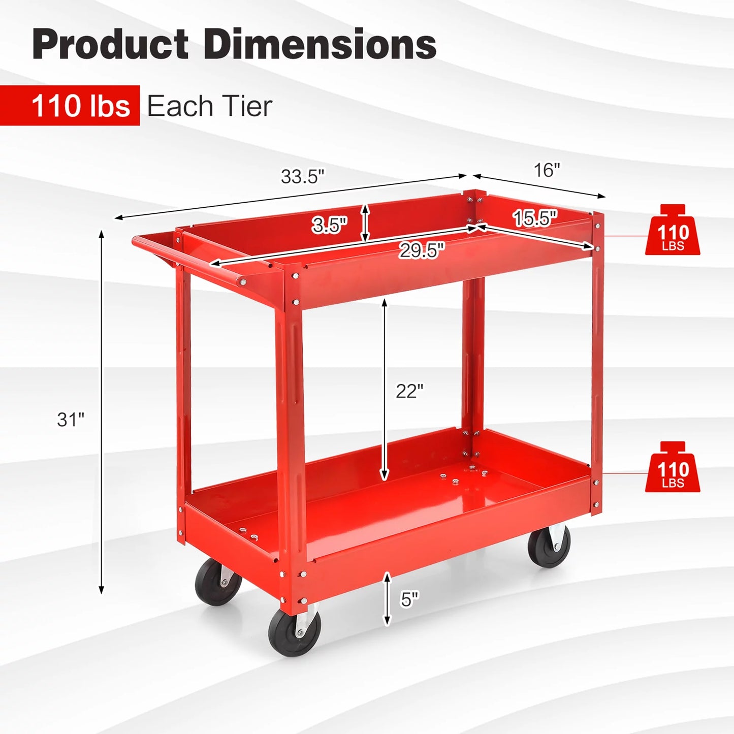 2-Tier Utility Cart Metal Service Cart Rolling Tool Storage Organizer 