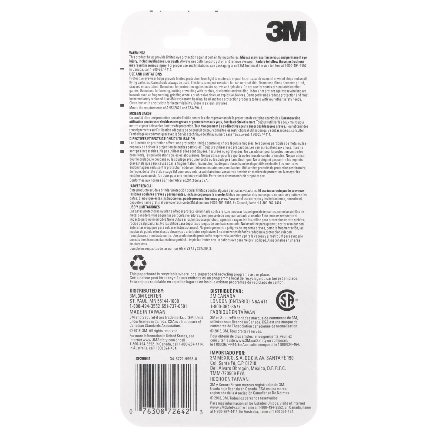 3M Securefit 200 Safety Eyewear, Clear Anti-Fog Lens