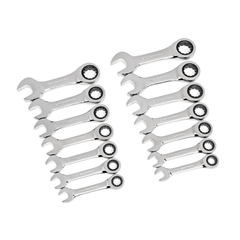 GEARWRENCH 14 Piece 72-Tooth 12 Point Stubby Ratcheting SAE/Metric Combination Wrench Set