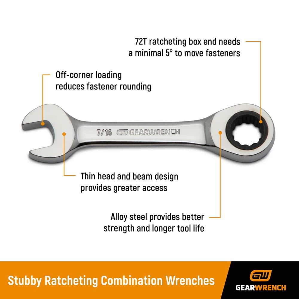 GEARWRENCH 14 Piece 72-Tooth 12 Point Stubby Ratcheting SAE/Metric Combination Wrench Set