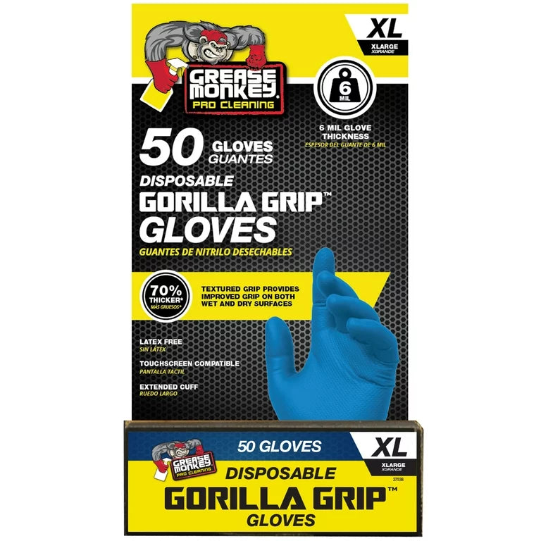 Grease Monkey Pro Cleaning, Disposable Nitrile Gloves, Blue, 50 Count, Traction Grip, XL